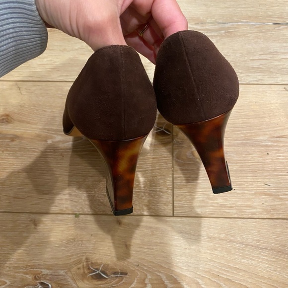 Vintage 90s Escada Womens 7 Brown Pump Heel Square Toe Cap Color Block Tortoise - Picture 4 of 7